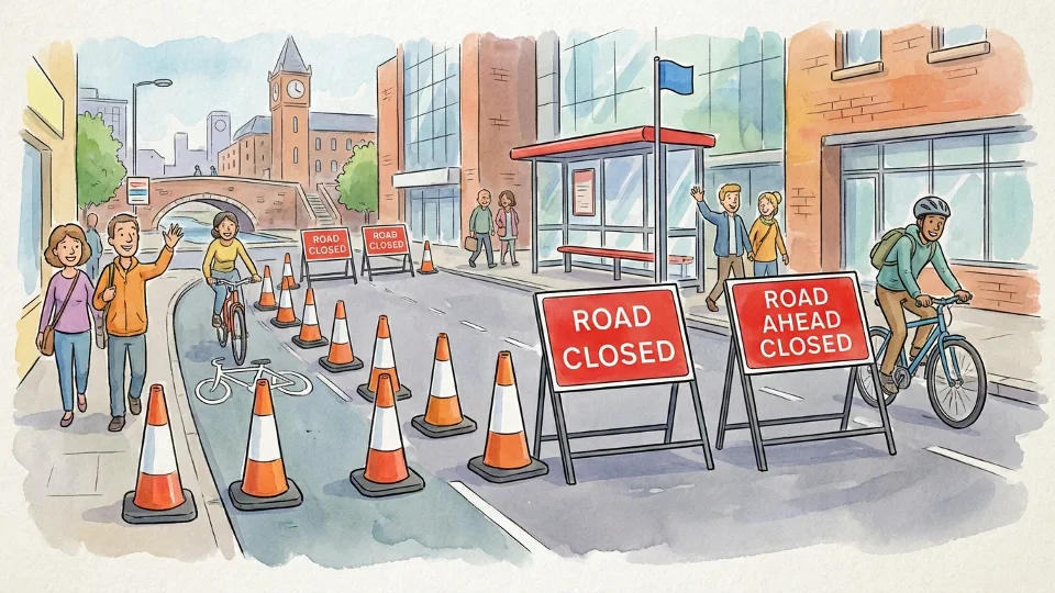 Road closure signs and traffic cones on urban street with bus stop in background