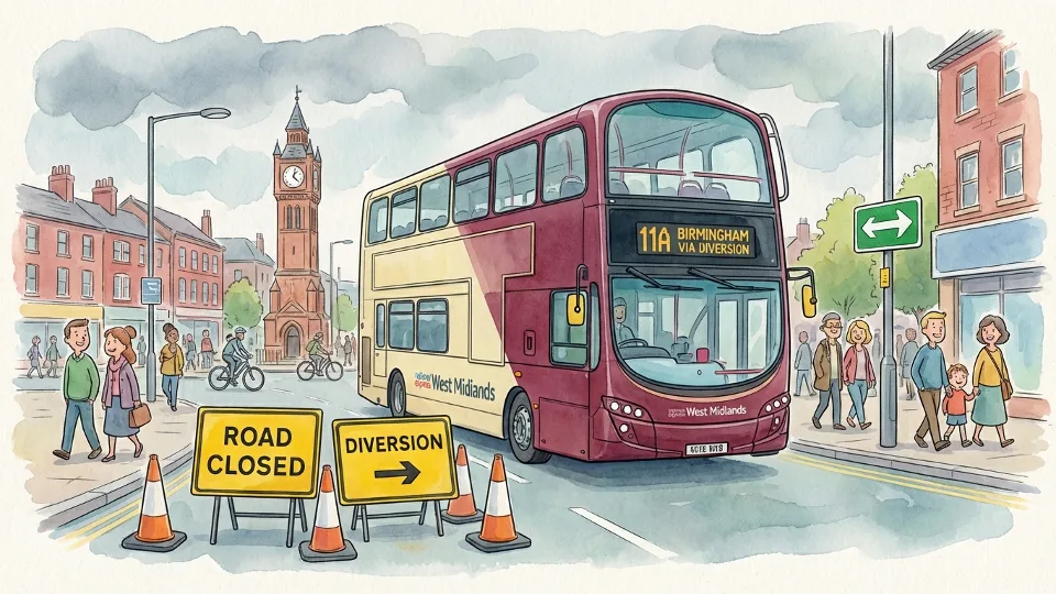 National Express West Midlands bus on detour route with road closure signs visible