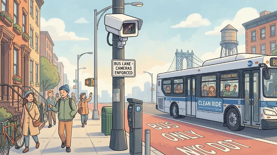 Automated enforcement camera mounted on pole monitoring bus lane with urban street background