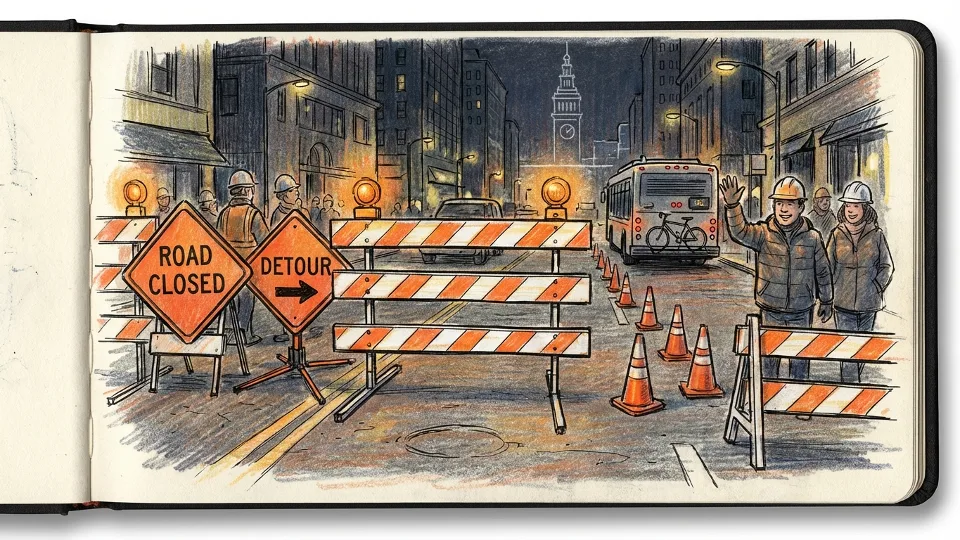 Road closure barriers and warning signs on urban street at night with orange safety lights, showing typical overnight construction zone setup