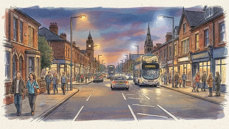 Urban road in Old Swan district at dusk with street lights illuminated and light traffic, showing typical evening commuter conditions before nighttime road closure