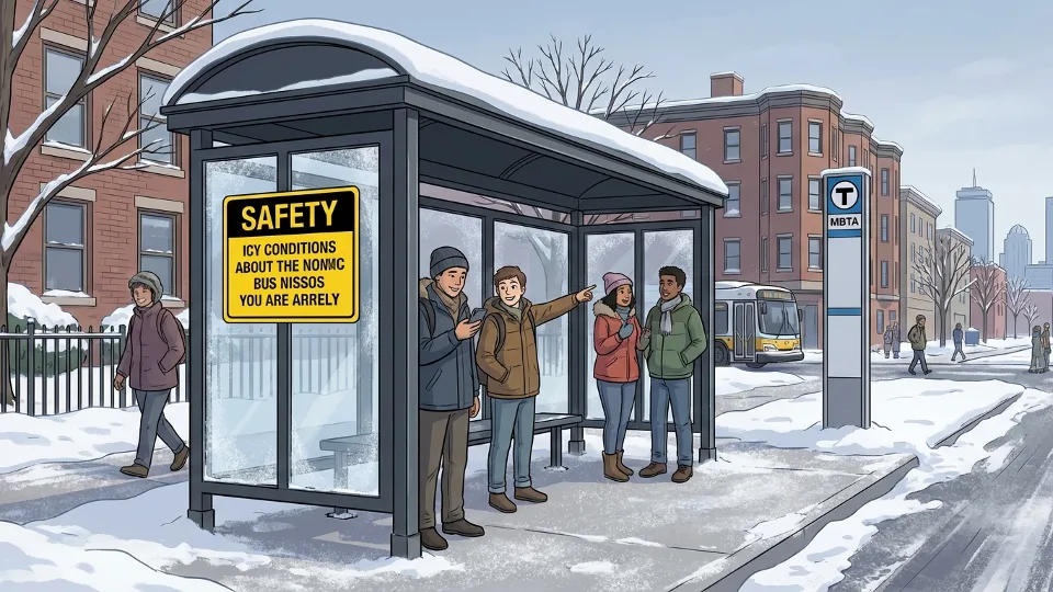 Snow-covered MBTA bus stop with winter weather safety signage visible