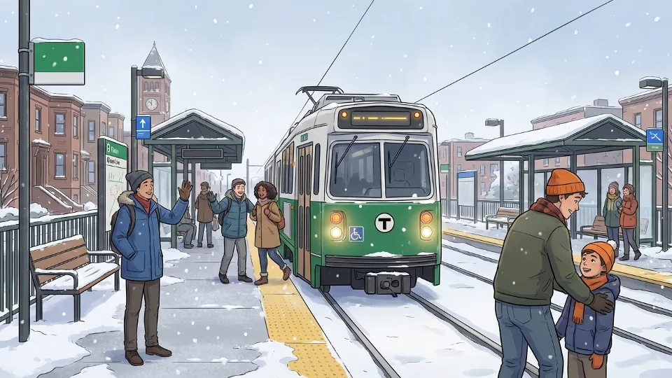 MBTA subway train at snow-covered platform with passengers waiting during winter weather