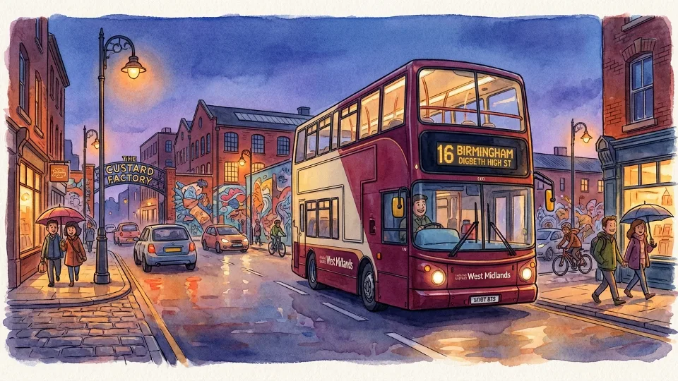 National Express West Midlands bus on urban street in Digbeth area of Birmingham during evening hours