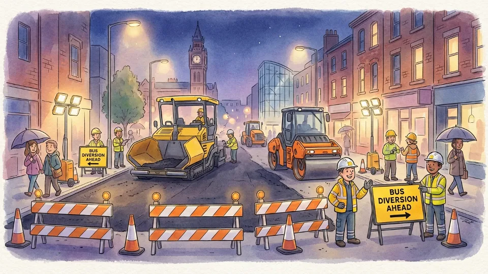 Road resurfacing equipment and construction barriers on urban street at night with bus diversion signs