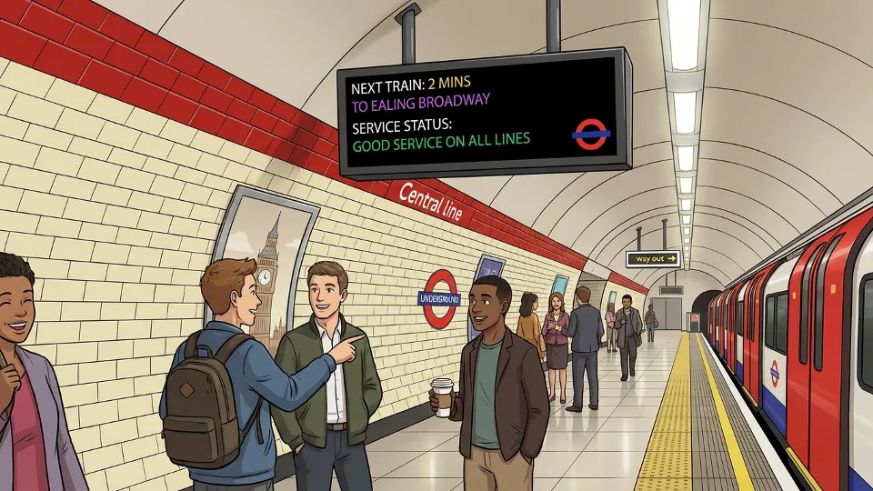 TfL Underground station platform with digital information display showing service updates