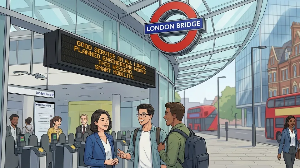 TfL station entrance with electronic information board displaying service updates