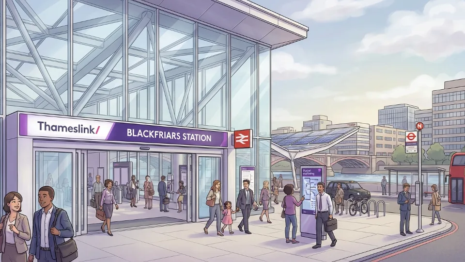 London Blackfriars railway station exterior with Thameslink branding and entrance