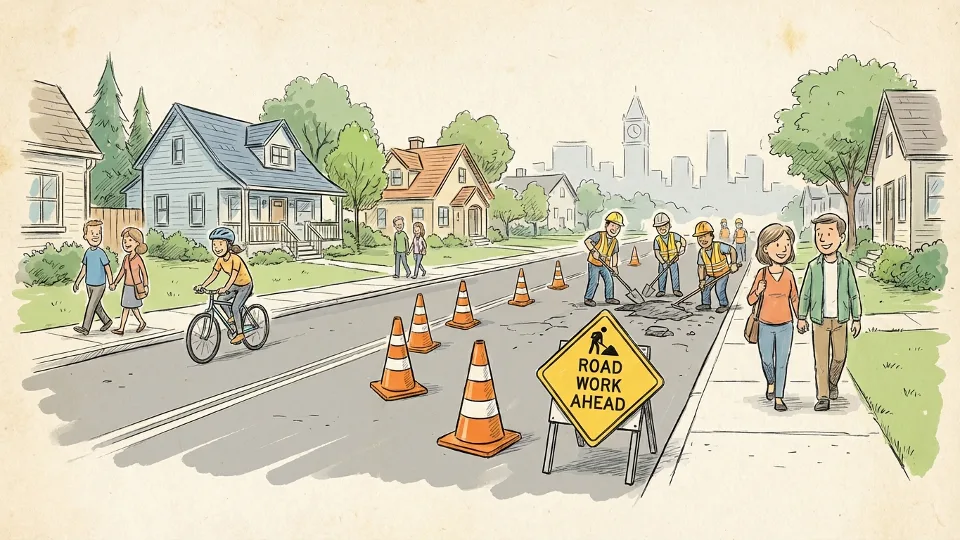 Residential street with traffic cones and road work ahead warning signs