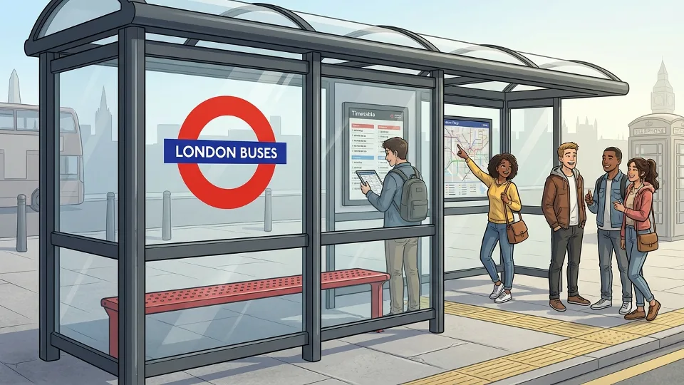 Close-up of TfL bus shelter sign and seating area showing infrastructure details
