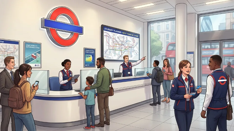 TfL customer service center with staff assisting transit riders at help desk