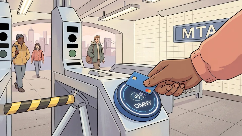 Commuter tapping contactless credit card at NYC subway turnstile entrance