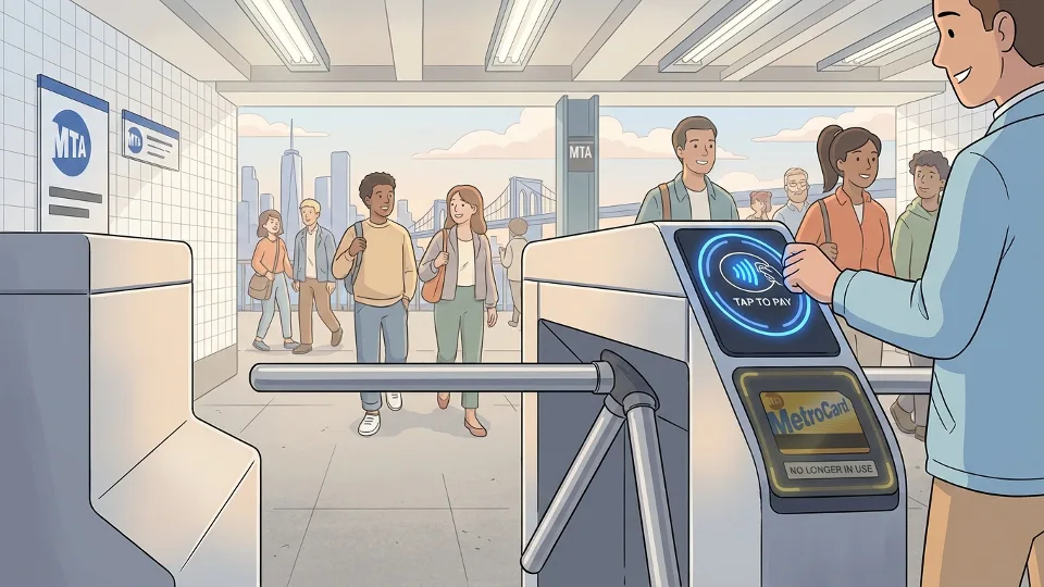 New York City subway turnstile with TAPP contactless payment reader, MetroCard slot visible but inactive