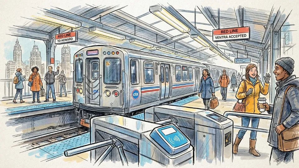 Chicago CTA train at downtown station platform with Ventra card reader visible on turnstile