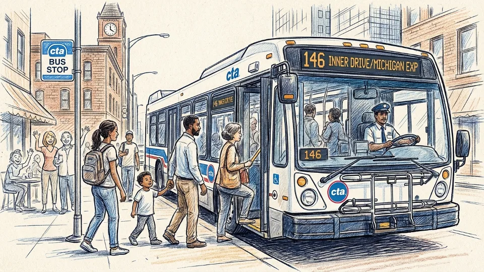 CTA bus at Chicago street stop with passengers boarding through front door