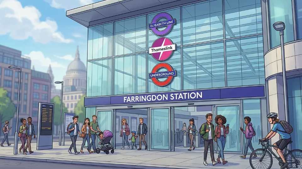 Farringdon station entrance showing Elizabeth line, Thameslink and Underground signage at the major London interchange