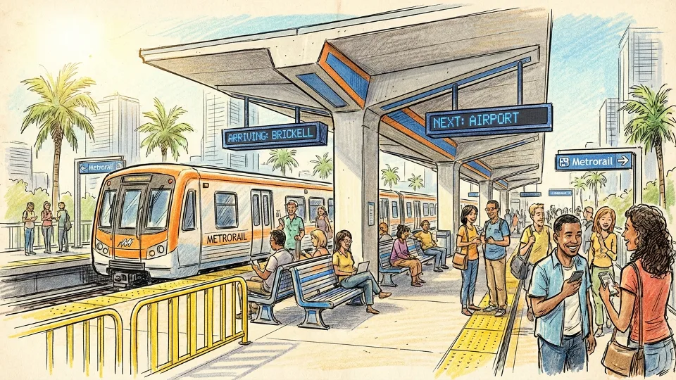 Metrorail platform at busy South Florida transit station showing passenger waiting area