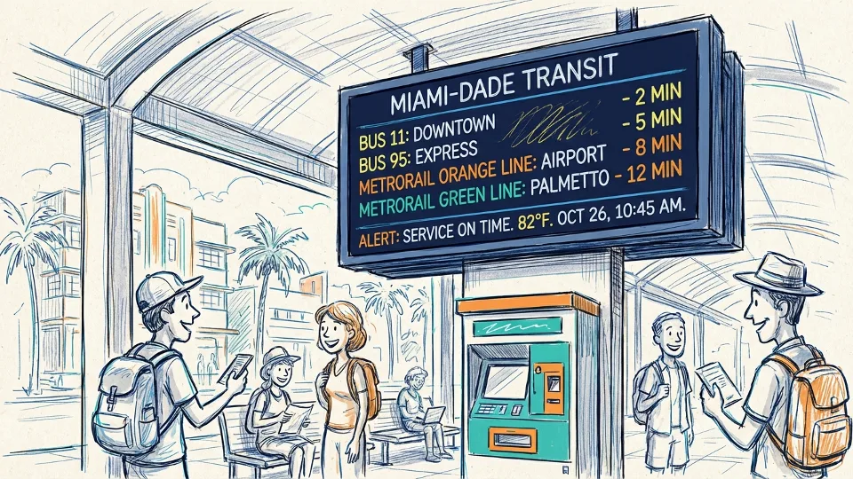 Transit information display screen showing route schedules at Miami transit station