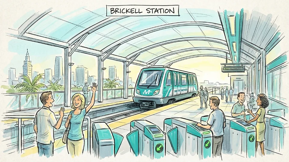 Metromover station platform with covered waiting area and fare gates in Miami