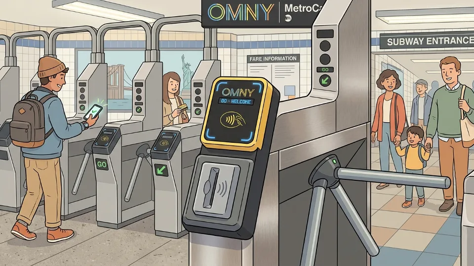 Close-up view of MTA fare gate technology showing card reader and entry mechanism at subway station