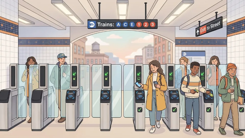 Modern subway fare gate at New York City MTA station entrance with commuters passing through