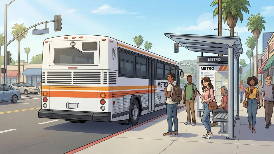 LA Metro bus on city street with passengers waiting at bus stop shelter