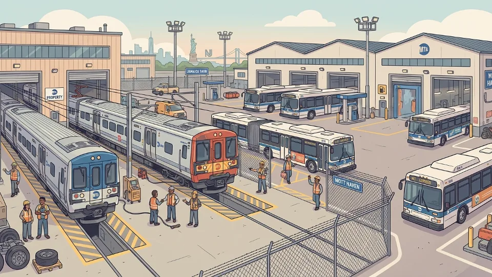 MTA commuter rail train and bus fleet at maintenance facility