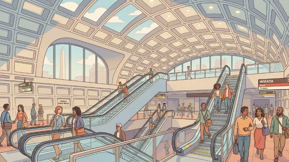 Wide view of Gallery Place Metro station interior showing multiple levels with escalators and commuters navigating the space