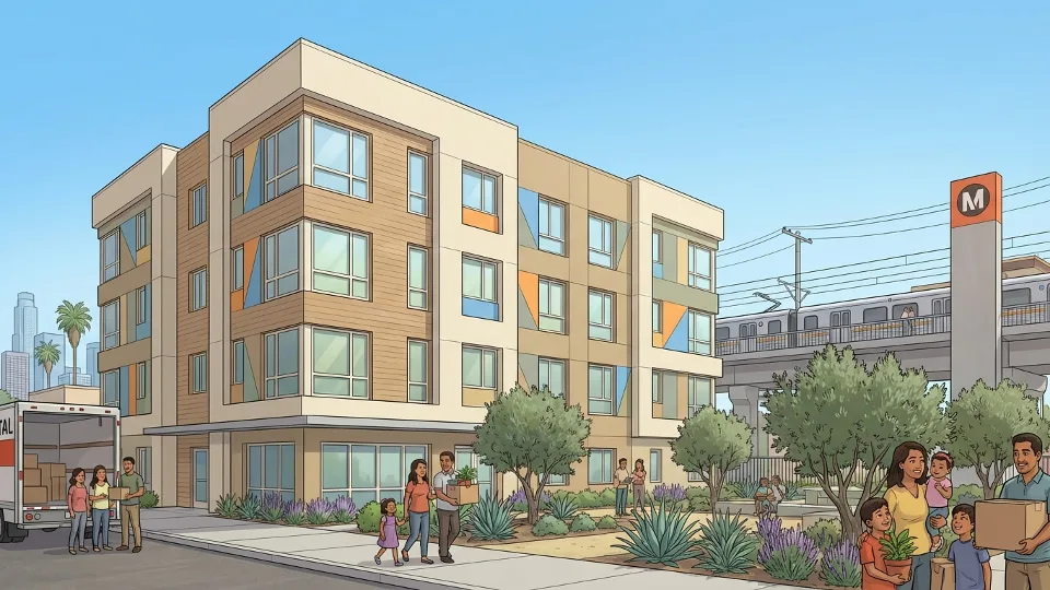 Modern affordable housing building with Metro rail station visible in background, Boyle Heights neighborhood, families moving in