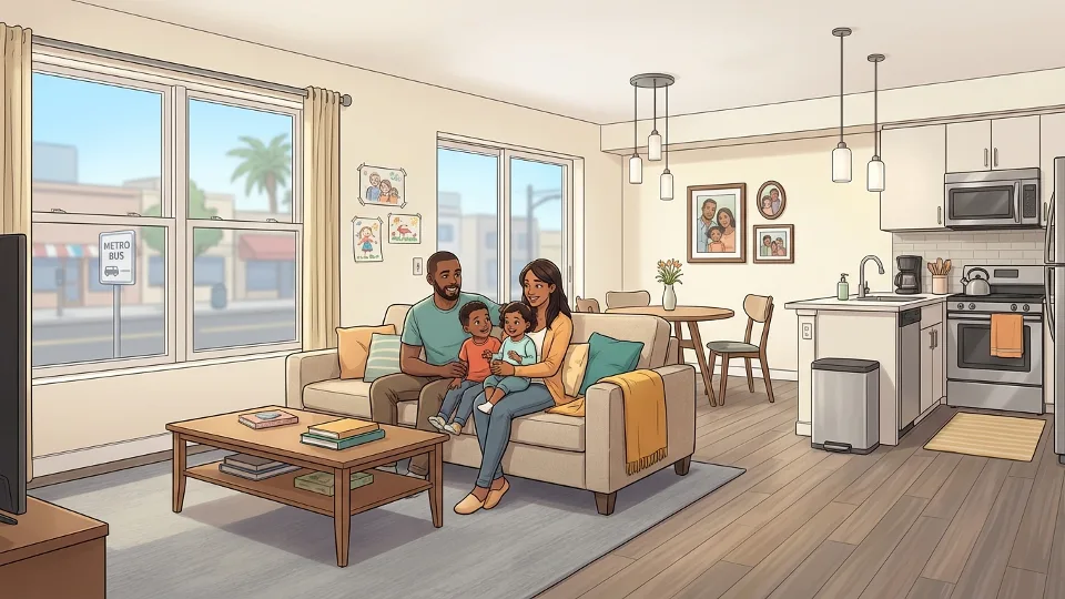 Affordable housing unit interior with family in living space, modern fixtures, natural lighting, transit-accessible community