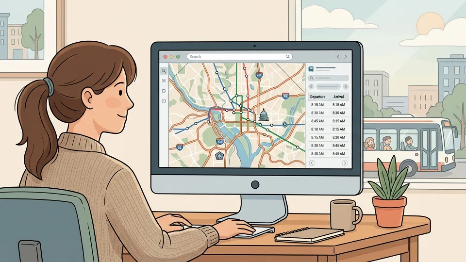 Person viewing transit schedule on computer screen showing bus route map