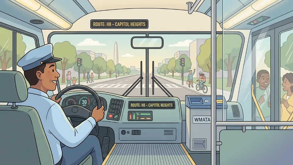 Interior view of Metro bus showing operator's perspective with dashboard and windshield view of urban street ahead