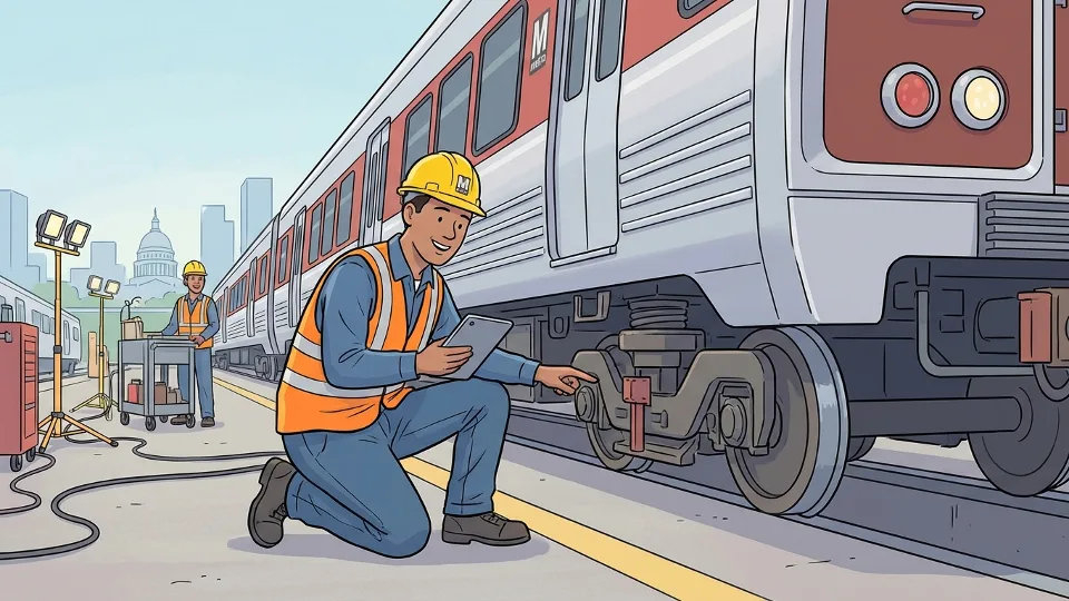 Metro maintenance worker inspecting train wheels and undercarriage at rail yard. Alt text: Metro technician examining train mechanical components during inspection. Composition: Close-up angle showing maintenance worker with safety vest checking wheel assembly and brake systems on Metro train.