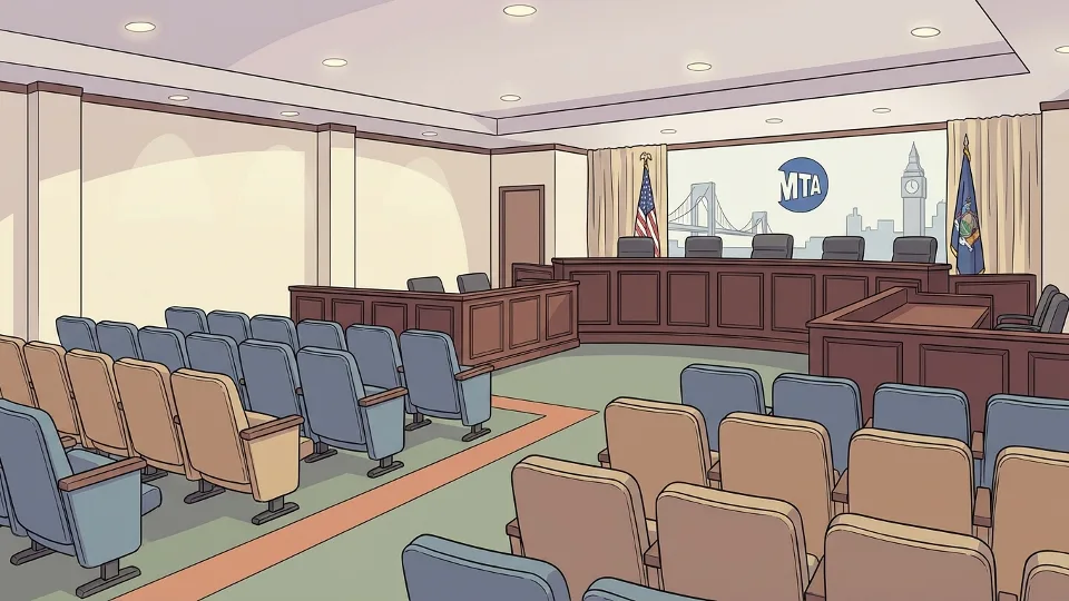MTA board meeting room with rows of seats facing a raised panel table, empty chamber ready for official proceedings