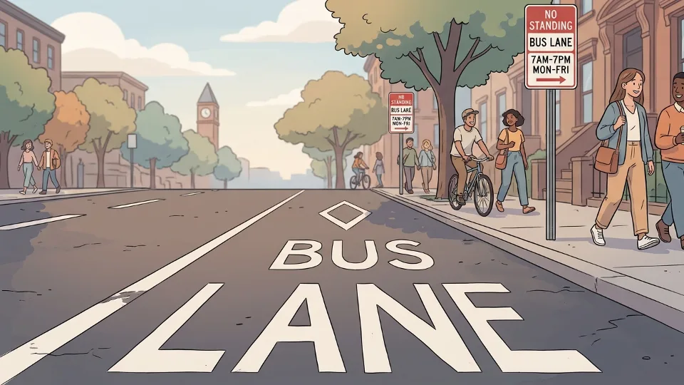 Close-up of bus lane pavement markings and signage indicating no stopping zone in Brooklyn