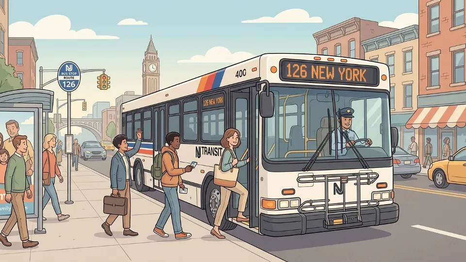 NJ Transit bus at urban stop with passengers boarding