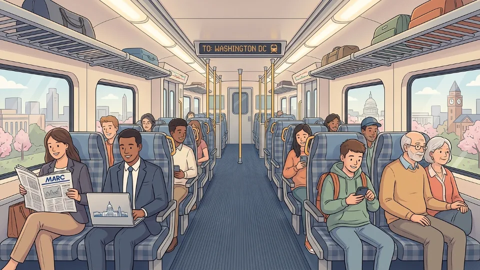 Interior of MARC Train passenger car showing seating and commuters during typical weekday service