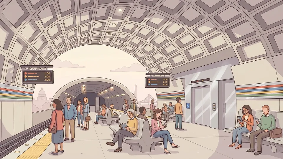 Washington Metro station platform with elevator bank, commuters waiting for train, modern transit infrastructure