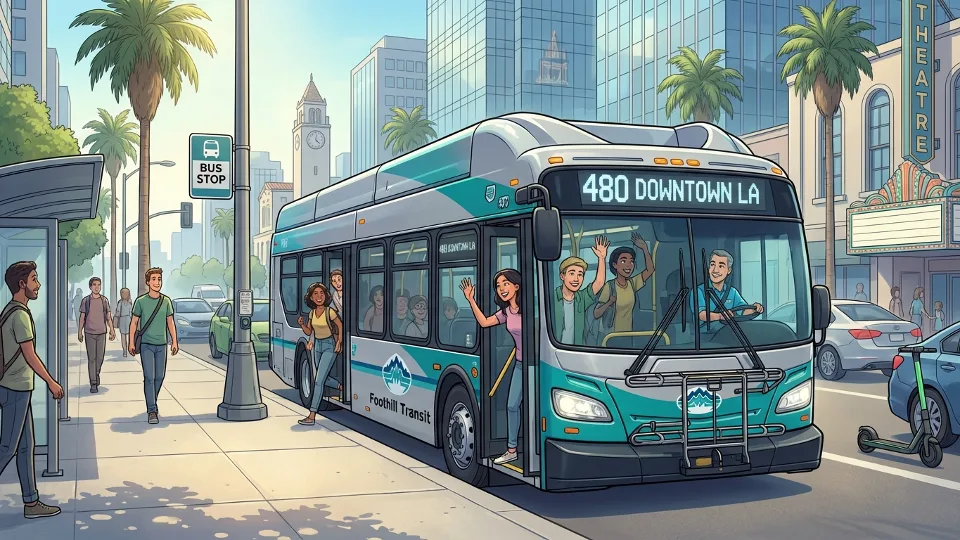 Foothill Transit bus at downtown Los Angeles stop with passengers boarding during daytime
