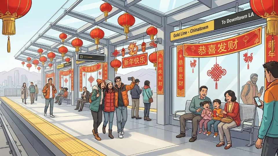 Transit passengers at station platform with Chinese New Year decorations visible in background