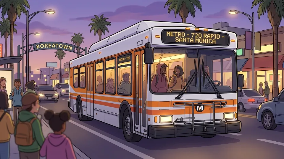 LA Metro bus on city street with passengers visible through windows