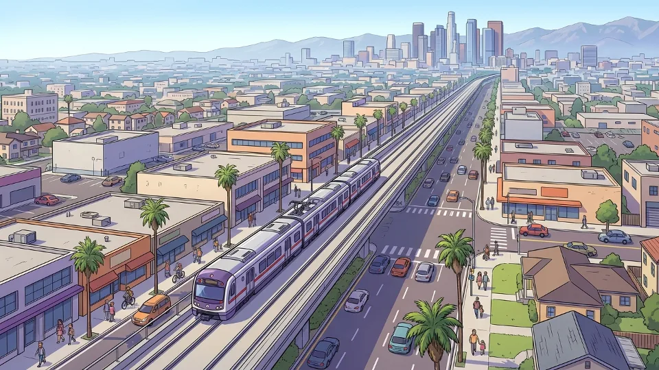 Aerial view of Los Angeles Metro rail line and urban corridor