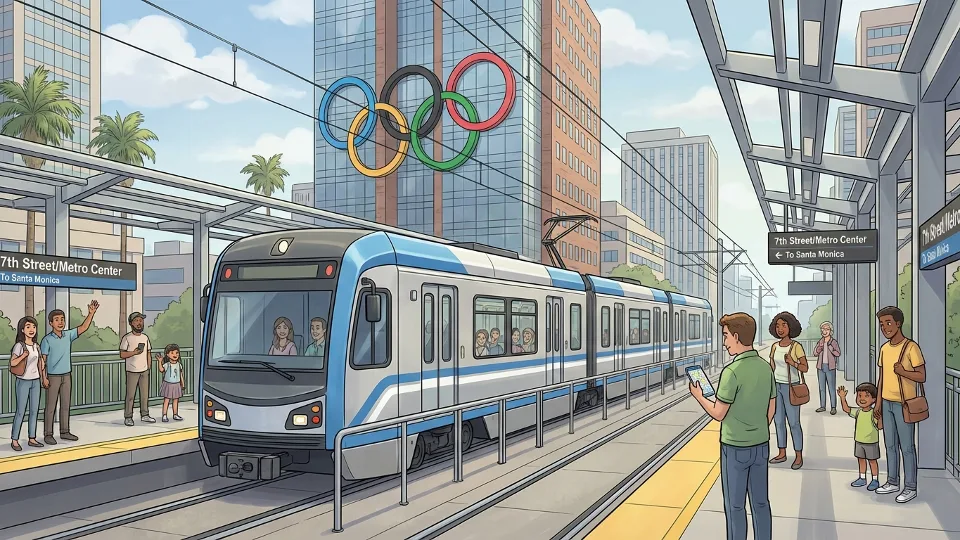 Metro train at downtown Los Angeles station with Olympic rings visible in background