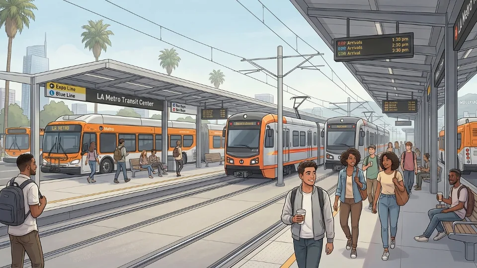 Wide view of Los Angeles Metro bus and rail vehicles at transit center