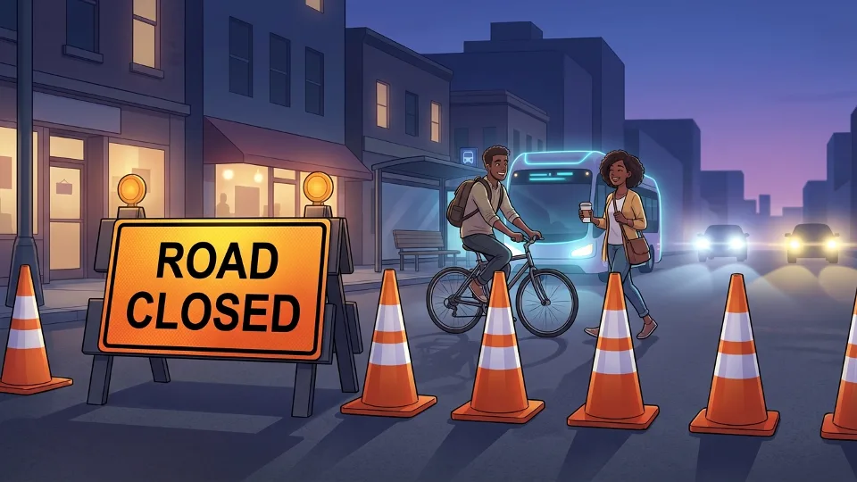 Road closed sign and traffic cones on urban street at dusk with vehicle headlights in distance