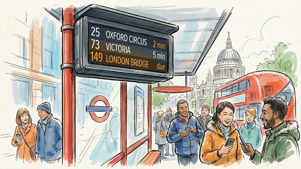 Close-up of digital bus information display at London transit stop showing route numbers and countdown times