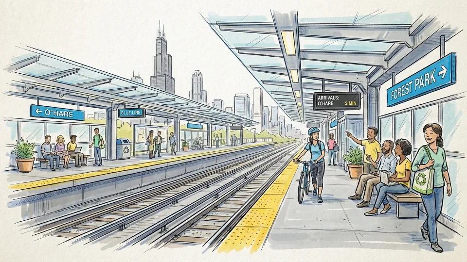CTA Blue Line station platform with directional signage and track view