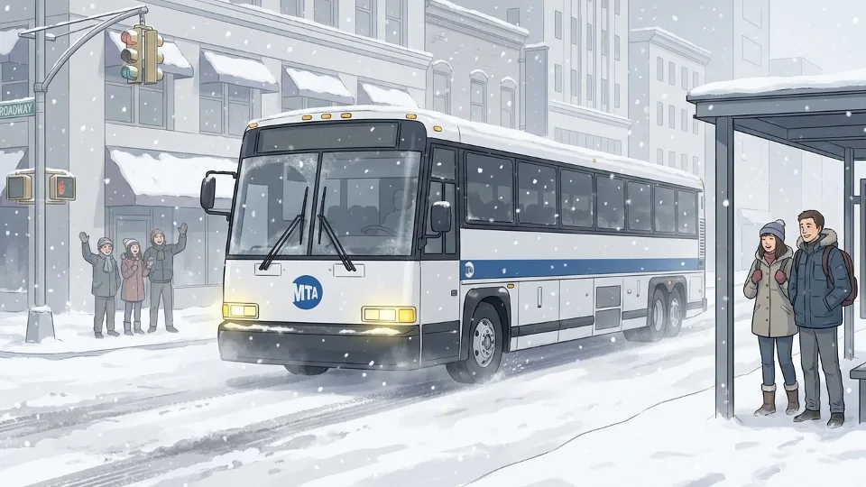 MTA bus navigating snow-covered New York City street during blizzard with reduced visibility