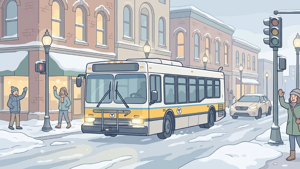 Boston transit bus navigating snowy city street with winter weather conditions
