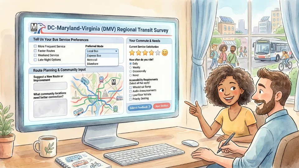 Transit survey form on computer screen showing public input process for bus service planning